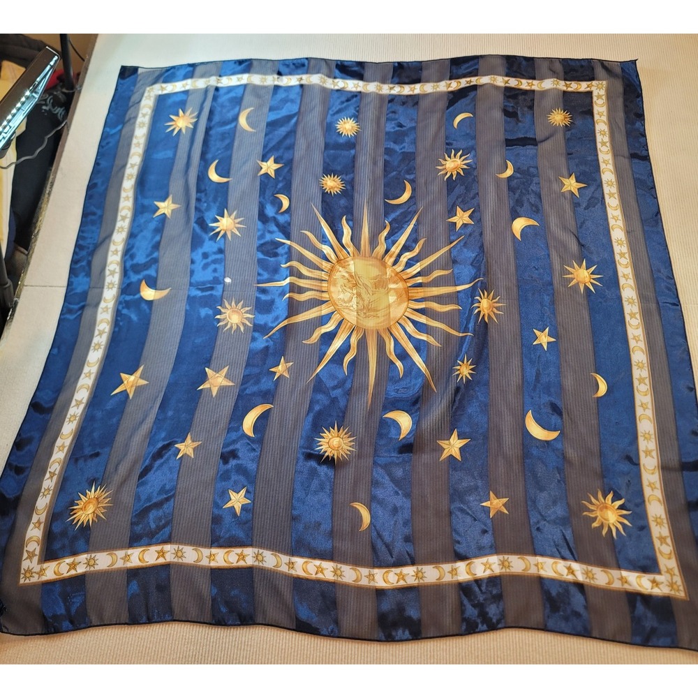 Vintage Scarf silk Celtic Moon and Sun endless journey Blue Gold does have hole